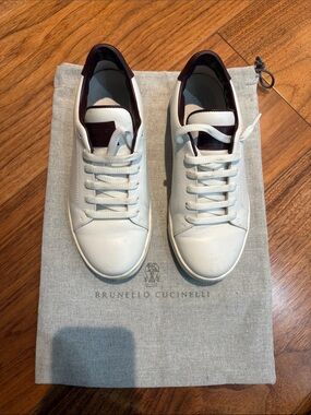 Brunello Cucinelli boy’s White Leather Low-Top Sneakers with Dark Burgundy Trim